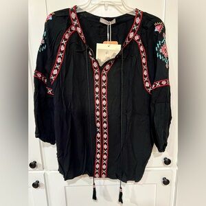 Delila Boho 3/4 Sleeve, light weight, flowy embroidered blouse w/ Tassel ties